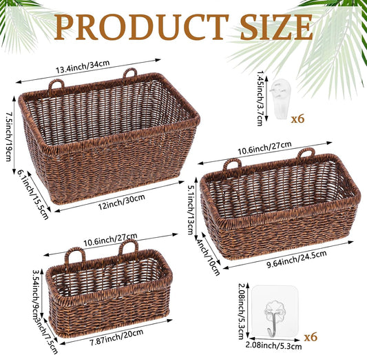 3 Pcs Handmade Wall Basket With Hooks, Boho Style Decor Hanging Baskets, Plastic Adhesive Wall Mount Cabinet Organizer for Living Room, Kitchen & Garden(Brown)