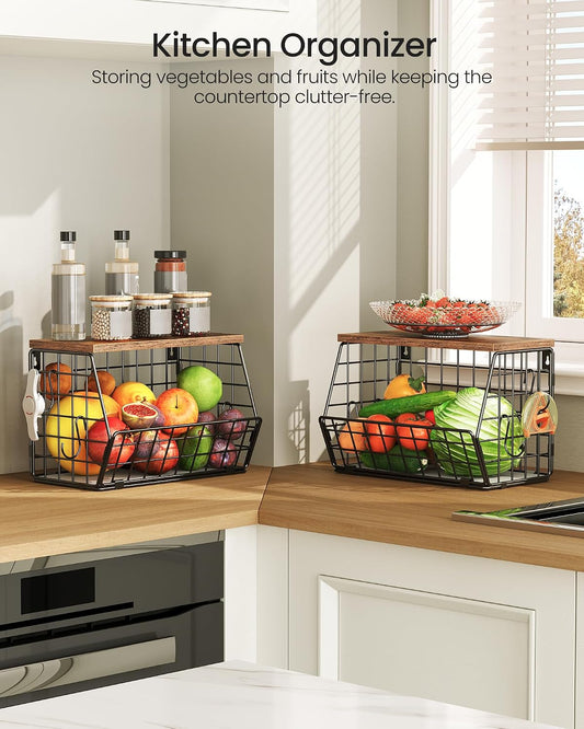 CHOEZON 2-Tier Fruit Basket for Kitchen, Stackable Hanging Basket Wire Baskets with Wooden Lid, Wall-Mounted Kitchen Counter Organizer for Fruit, Vegetable Storage, Rustic Brown and Black TCW02P2BF