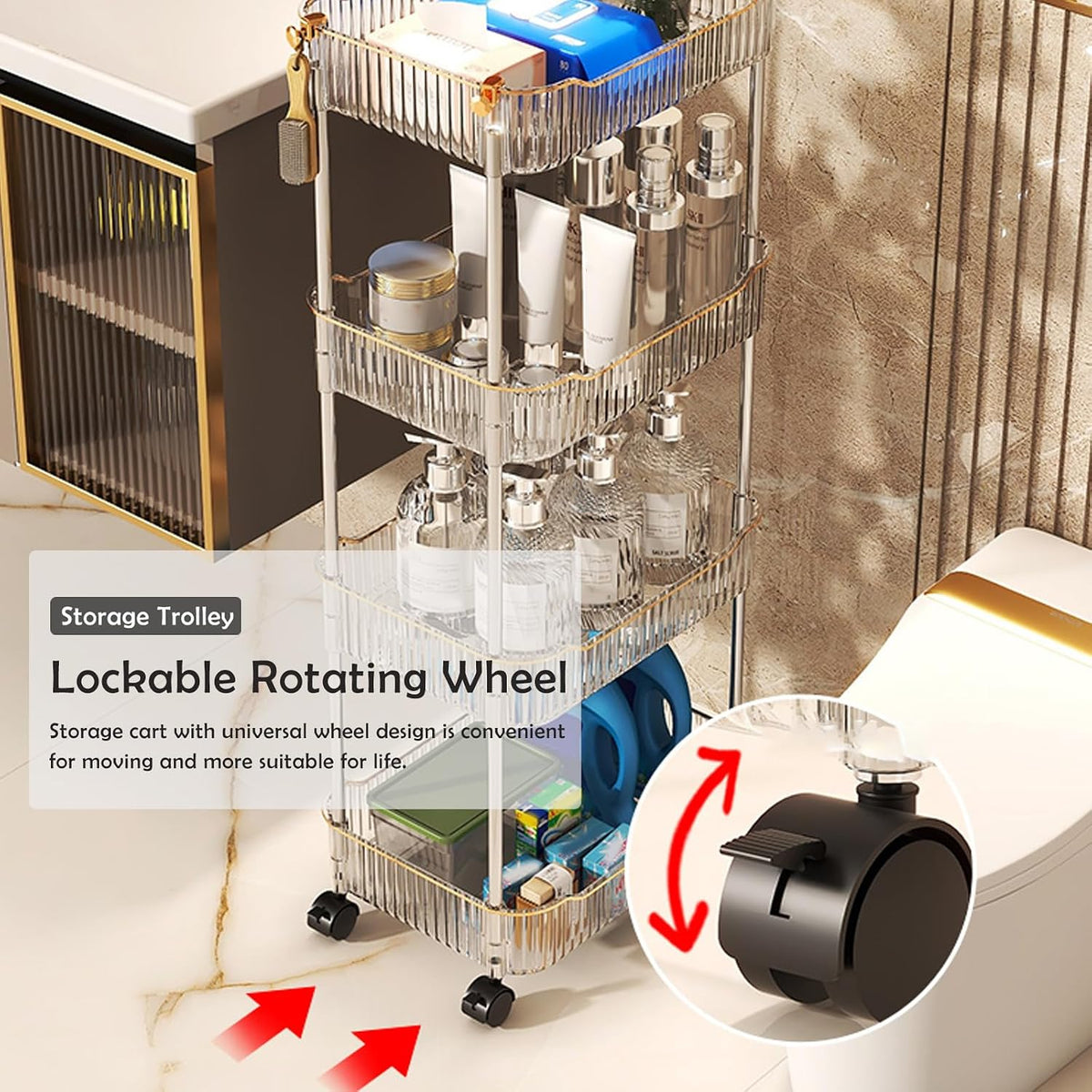 Acrylic Storage Trolley, Bathroom Kitchen Rolling Utility Cart Mobile Organization Shelves with Handle and Lockable Wheel(Gold,2 Tier)