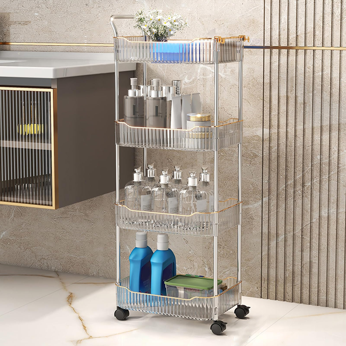 Acrylic Storage Trolley, Bathroom Kitchen Rolling Utility Cart Mobile Organization Shelves with Handle and Lockable Wheel(Gold,2 Tier)
