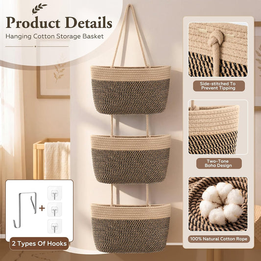 Novabright 3-Tier Hanging Basket Wall Mounted Woven Organizer, Boho Storage