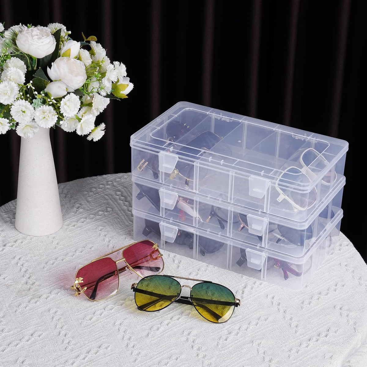 NiHome Sunglasses Organizer Box, Stackable 3-Tier Eyeglass Case, 15 Pairs
