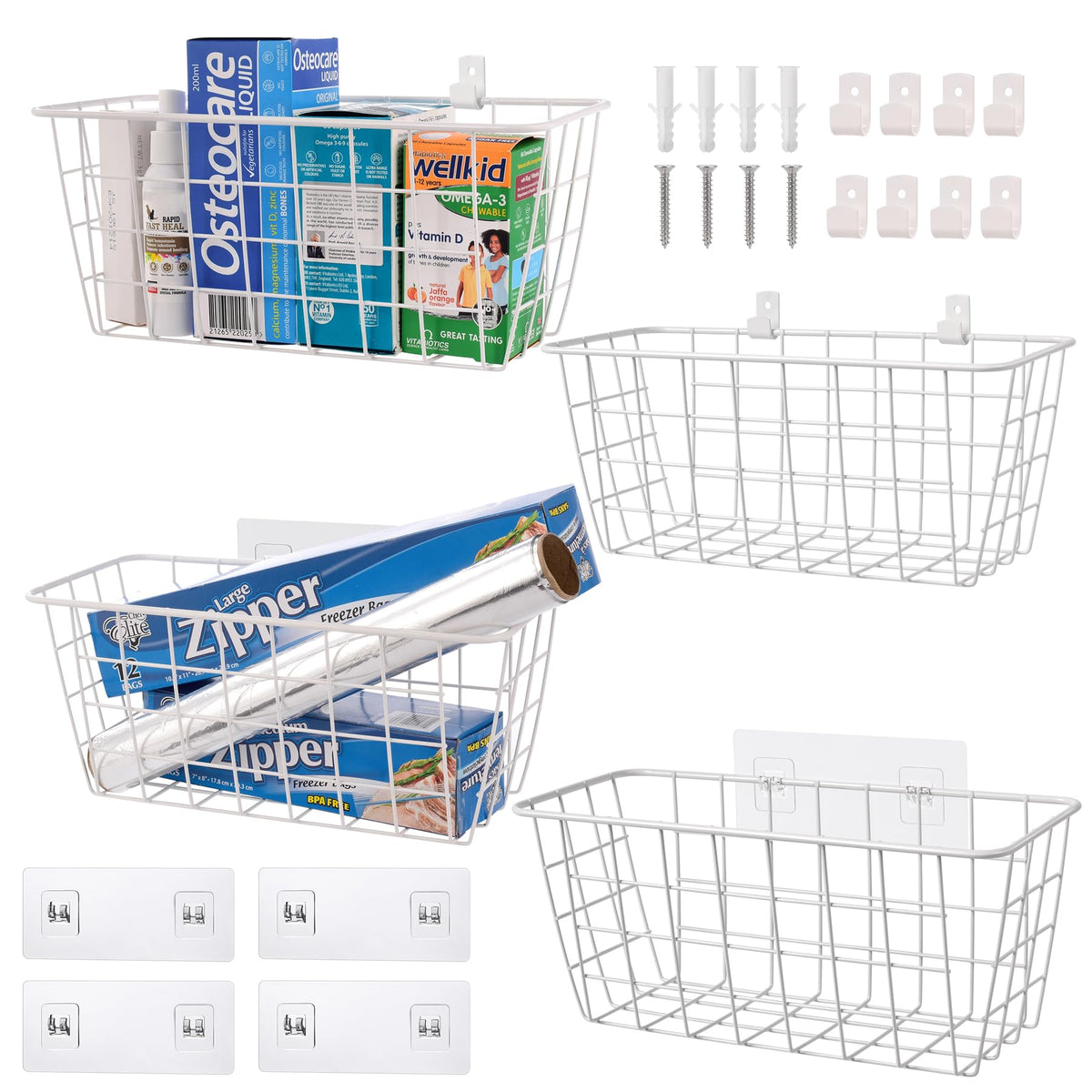 Wire Hanging Wall Basket, 4 White Metal Baskets, Adhesive Cabinet Organizer