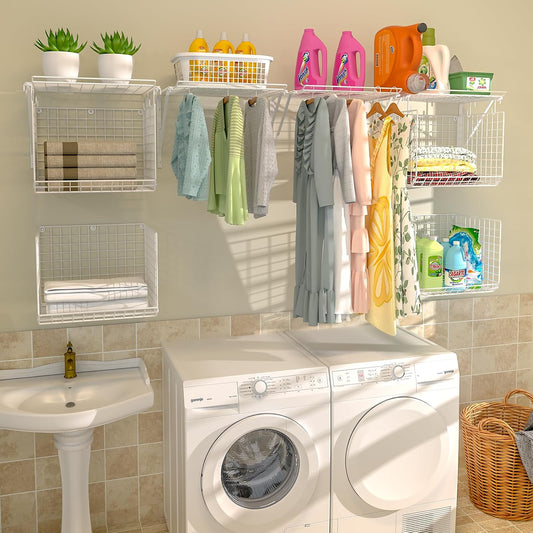 2 Pack Laundry Room Shelves Wall Mounted with Wire Baskets, Over the Washer and Dryer Shelf with Clothes Drying Rack, 8 Hooks,Wire Shelves Baskets for Laundry Closet Organization and Storage, White
