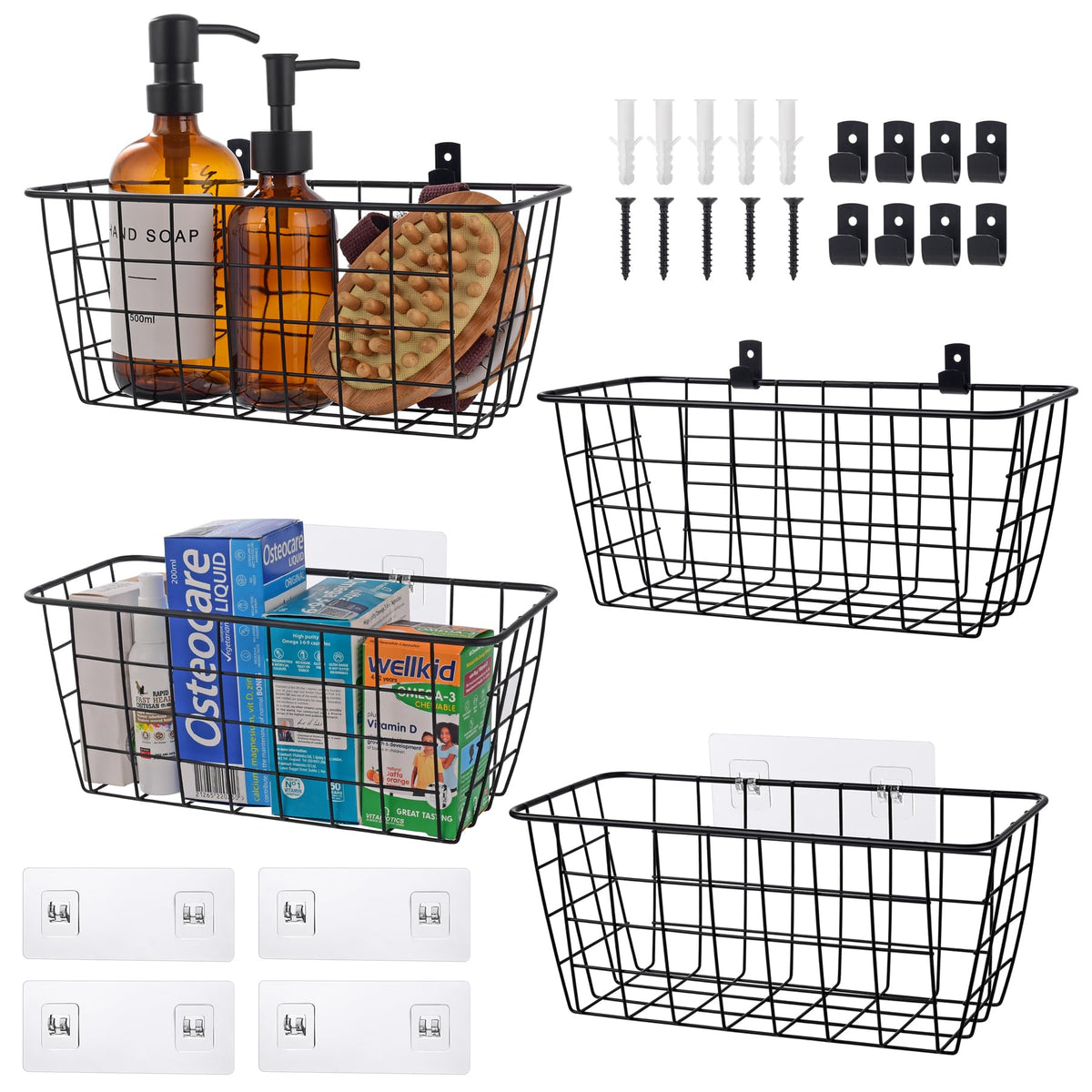 Wire Hanging Wall Basket, 4 White Metal Baskets, Adhesive Cabinet Organizer