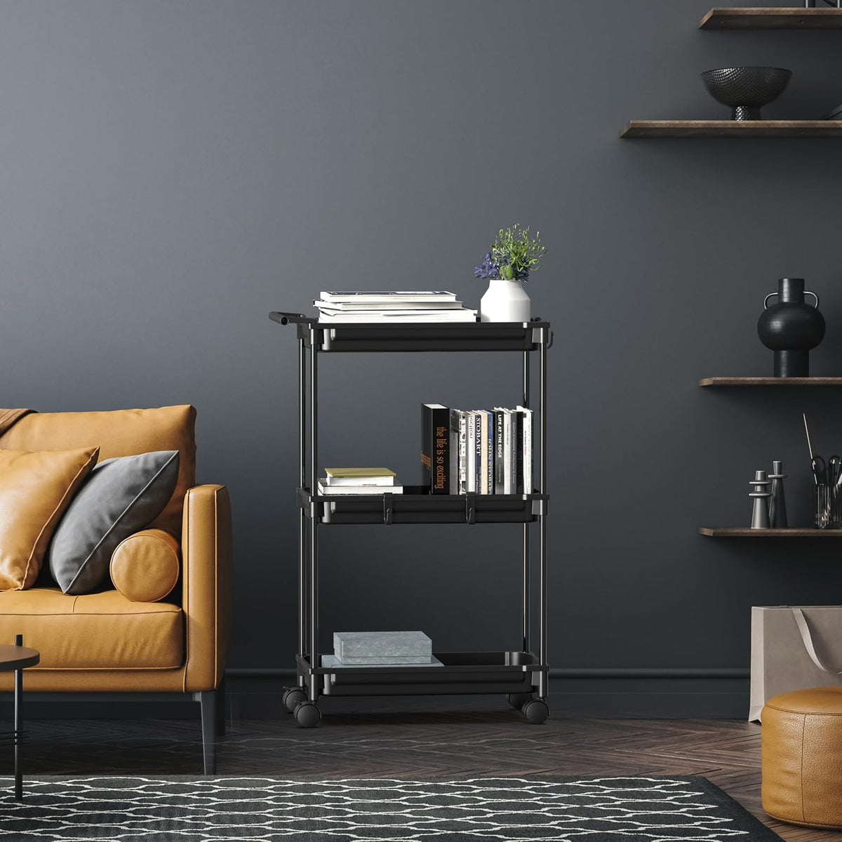 SimpleHouseware Standard 3-Tier Slim Rolling Storage Cart, Black