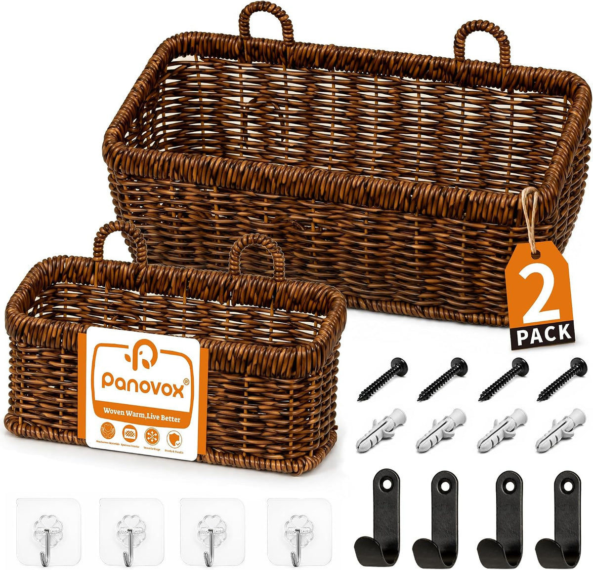 Wall Hanging Baskets, 2 Pack Woven Wicker Baskets with Hooks, Brown