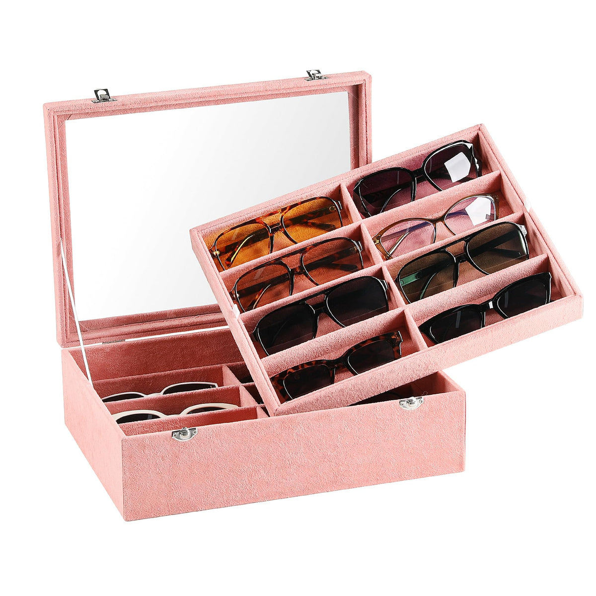 Frebeauty 16-Slot Sunglass Organizer Box,2 Layer Velvet Sunglasses Holder