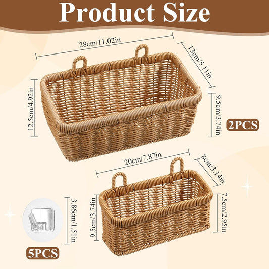 Set of 2 Wall Hanging Baskets, Boho Style Hand-Woven Hanging Storage Basket, Plastic Woven Baskets with Hangers for Kitchen Home Decor Bathroom Living Room (Light Brown, Imitation Rattan Plastic)