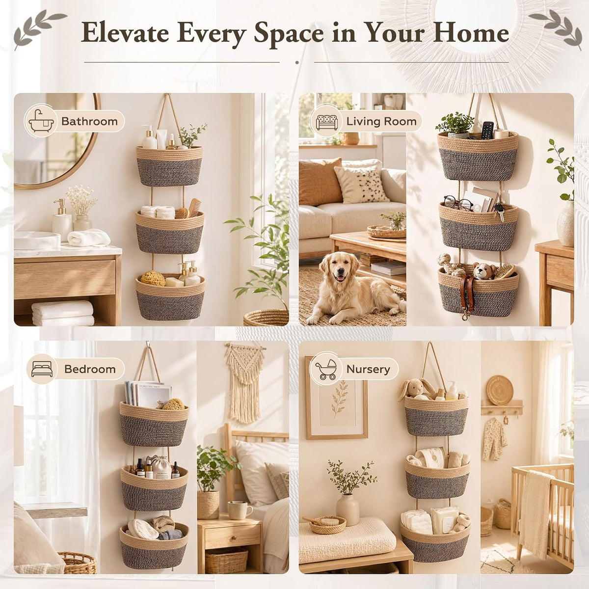 Novabright 3-Tier Hanging Basket Wall Mounted Woven Organizer, Boho Storage
