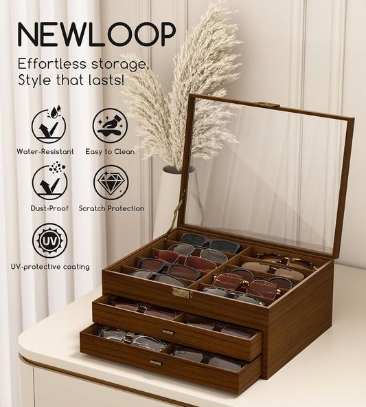 NEWLOOP 10/20/30 Wooden Pattern Sunglass Organizer Multiple Pairs of Eyeglass Ultra-thin Frame Storage Box for Women Men