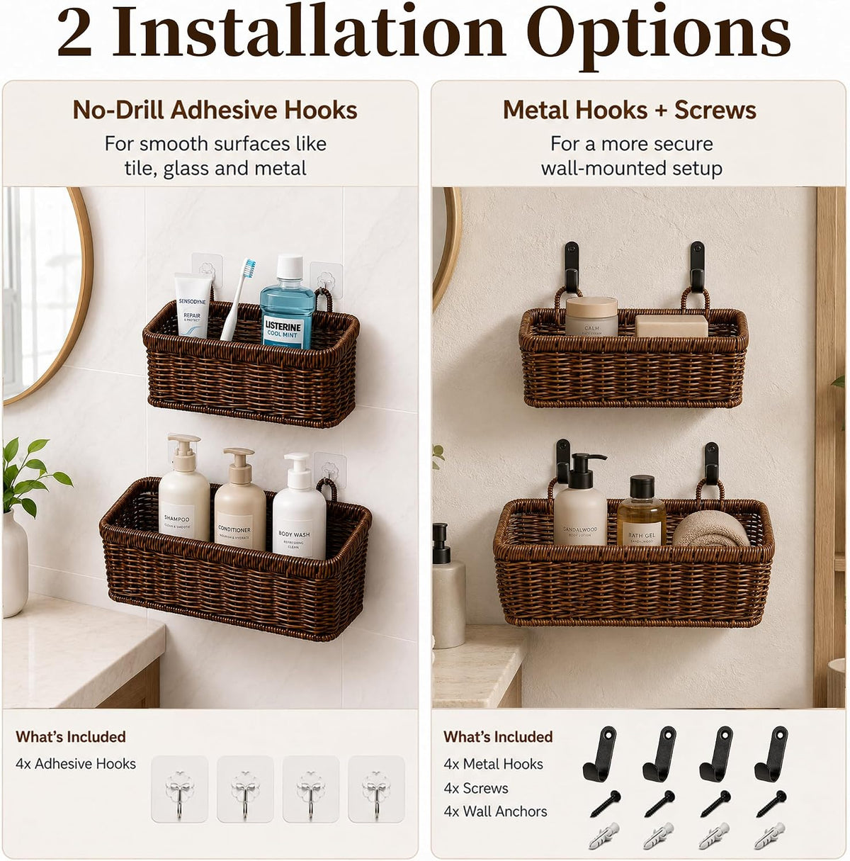 Wall Hanging Baskets, 2 Pack Woven Wicker Baskets with Hooks, Brown
