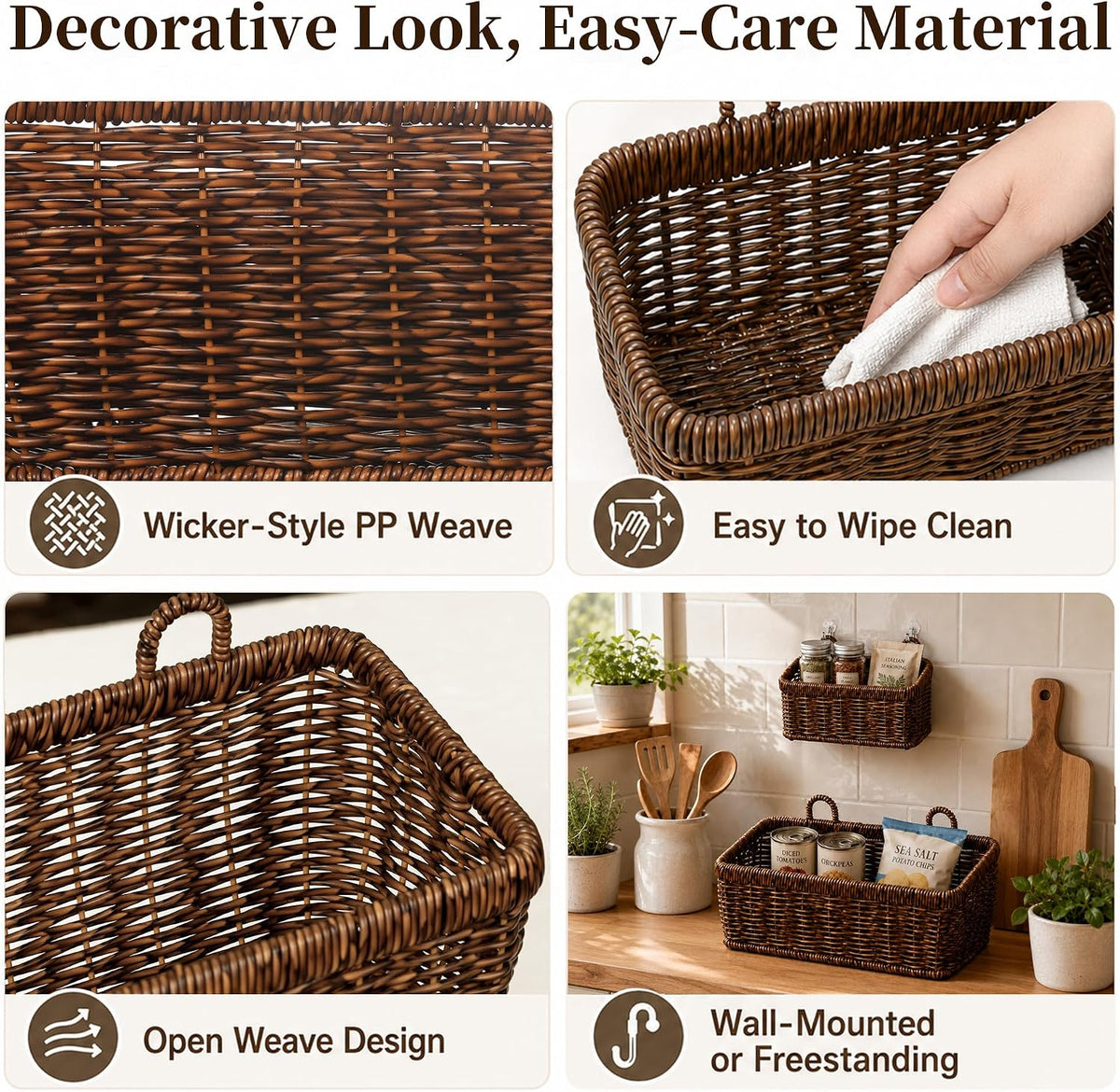 Wall Hanging Baskets, 2 Pack Woven Wicker Baskets with Hooks, Brown