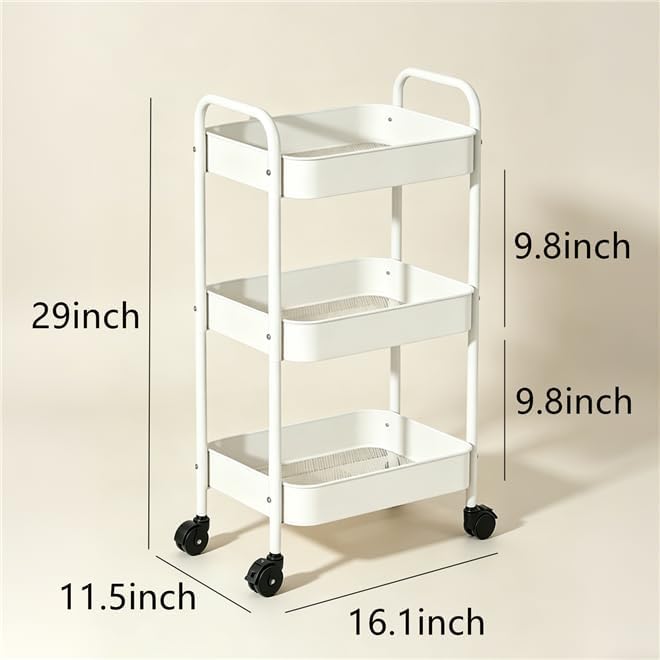 3-Tier Metal Rolling Utility Cart with Handle, Multi-Functional Storage Trolley for Office, Living Room, Kitchen, Movable Storage Organizer with Wheels, White