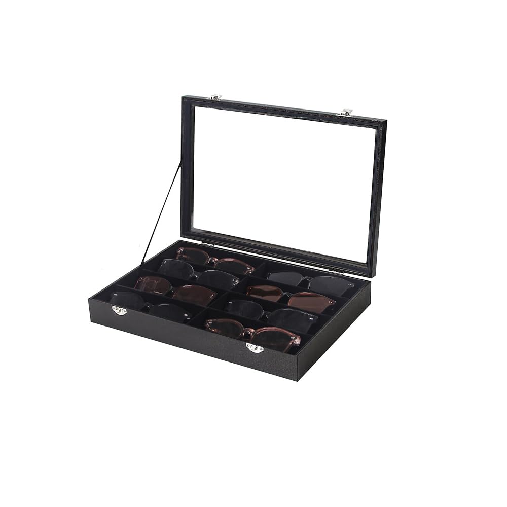 Coward Sunglass Organizer Tray Box, Beige Velvet Grids Eyeglasses Display Tray Case with Transparent Glass Lid for Home Use or Store Shop Selling Show