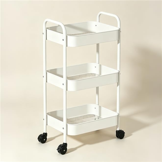 3-Tier Metal Rolling Utility Cart with Handle, Multi-Functional Storage Trolley for Office, Living Room, Kitchen, Movable Storage Organizer with Wheels, White
