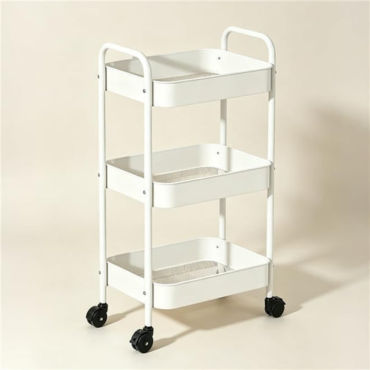 3-Tier Metal Rolling Utility Cart with Handle, Multi-Functional Storage Trolley for Office, Living Room, Kitchen, Movable Storage Organizer with Wheels, White