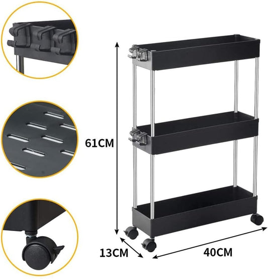 Storage Trolley 3-Tier, Storage Shelf Rack on Wheels, Multi- Purpose Trolley Organizer Cart, Rolling Cart Organiser, for Bathroom, Kitchen, Office, Library (Black-3 Layers