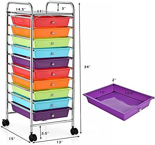 Happygrill 10-Drawer Storage Cart, Utility Cart with Removable Drawers & Metal Frame, Rolling Storage Cart with Lockable Wheels for Home, Office, Multicolor