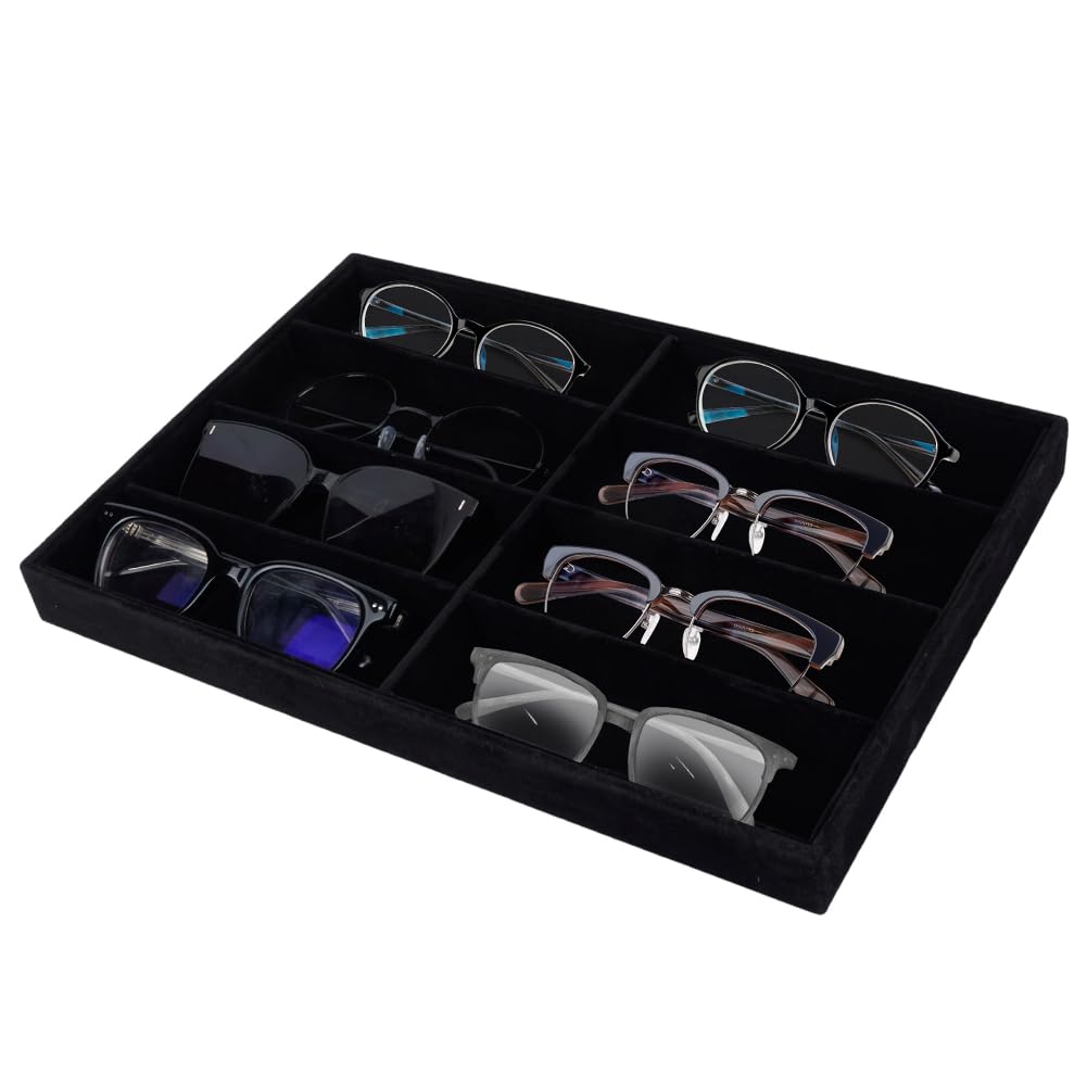 CREATCABIN Velvet Sunglasses Organizer Tray 8 Grids Drawer Glasses Display Storage Case Trays Stackable Sunglass Organizer Holder Box for Women Men Eyeglasses Jewelry Watch Beige 14 x 9.5 x 1.2in