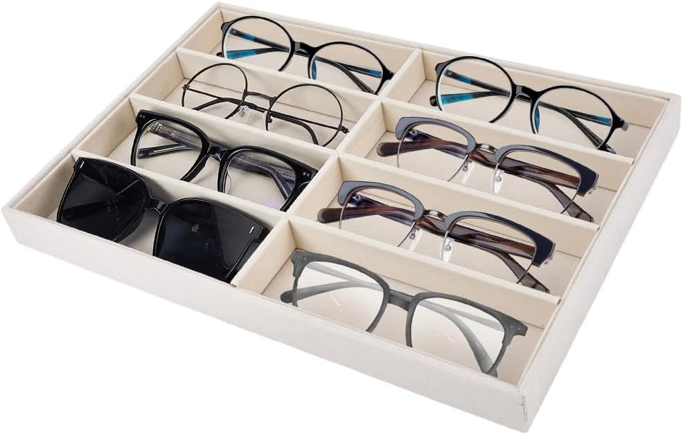 CREATCABIN Velvet Sunglasses Organizer Tray 8 Grids Drawer Glasses Display Storage Case Trays Stackable Sunglass Organizer Holder Box for Women Men Eyeglasses Jewelry Watch Beige 14 x 9.5 x 1.2in
