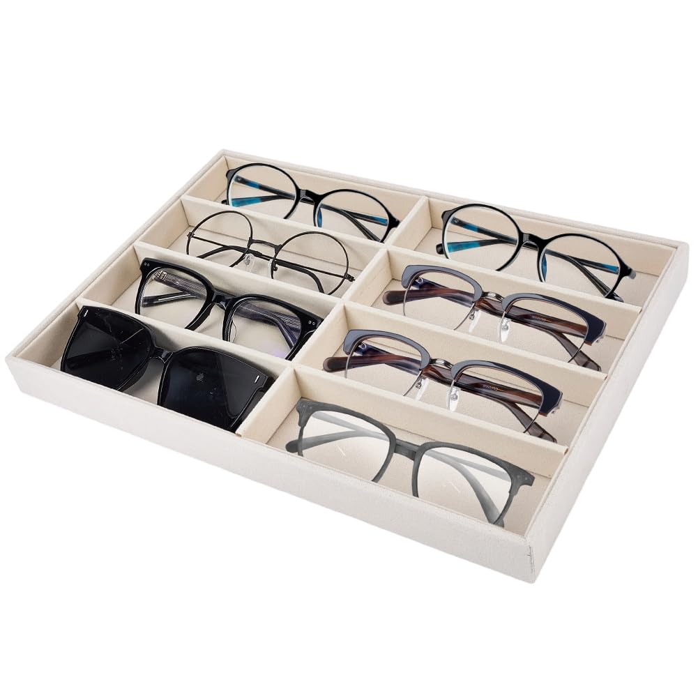 CREATCABIN Velvet Sunglasses Organizer Tray 8 Grids Drawer Glasses Display Storage Case Trays Stackable Sunglass Organizer Holder Box for Women Men Eyeglasses Jewelry Watch Beige 14 x 9.5 x 1.2in