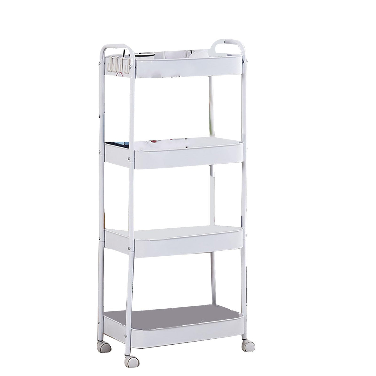 3 Tier Utility Rolling Cart, Storage Organizer Trolley with Caster Wheels, Movable Metal Storage Cart for Kitchen Bathroom Bedroom, Carbon Steel Multifunctional Shelving (4 Layers)