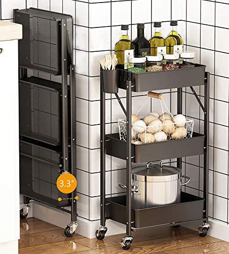 Foldable Rolling Cart 3-Tier Small Foldable Utility Storage Cart Multifunctional Metal Storage Bin Heavy Duty Organizer Carts with Rolling Wheels for Home Office (Black)