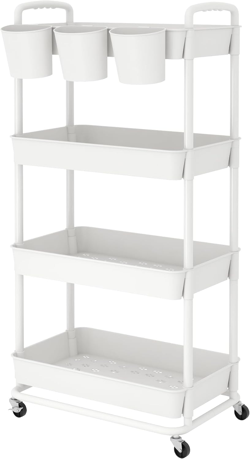 JIUYOTREE 4-Tier Plastic Rolling Storage Cart Utility Cart White