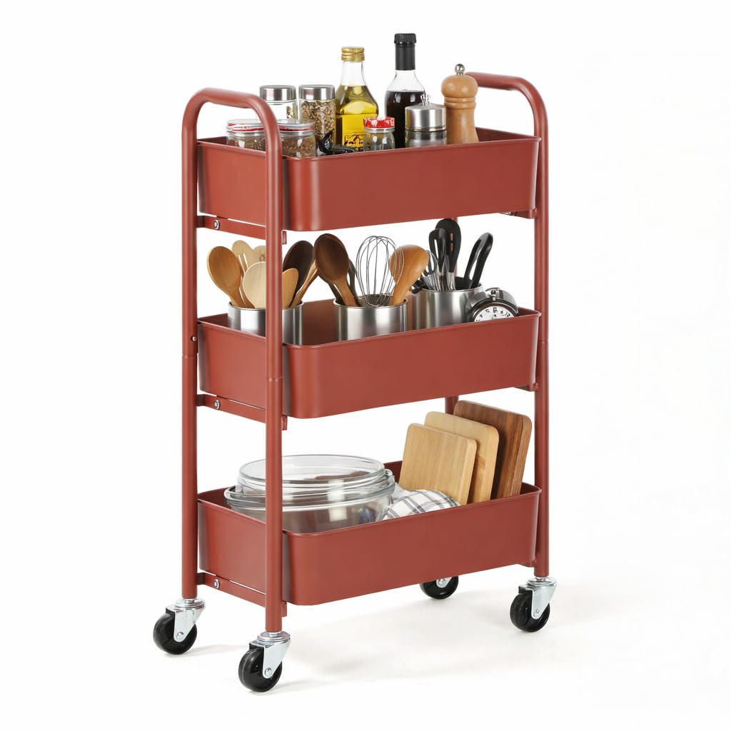 SunnyPoint 3-Tier Delicate Compact Rolling Metal Storage Organizer - Mobile Utility Cart Kitchen/Under Desk Cart with Caster Wheels - BLK (15.35" X 10.24" X 26.8"H)