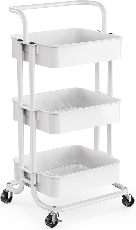 Pipishell 3 Tier Rolling Cart, Utility Cart with Wheels & Handle, White