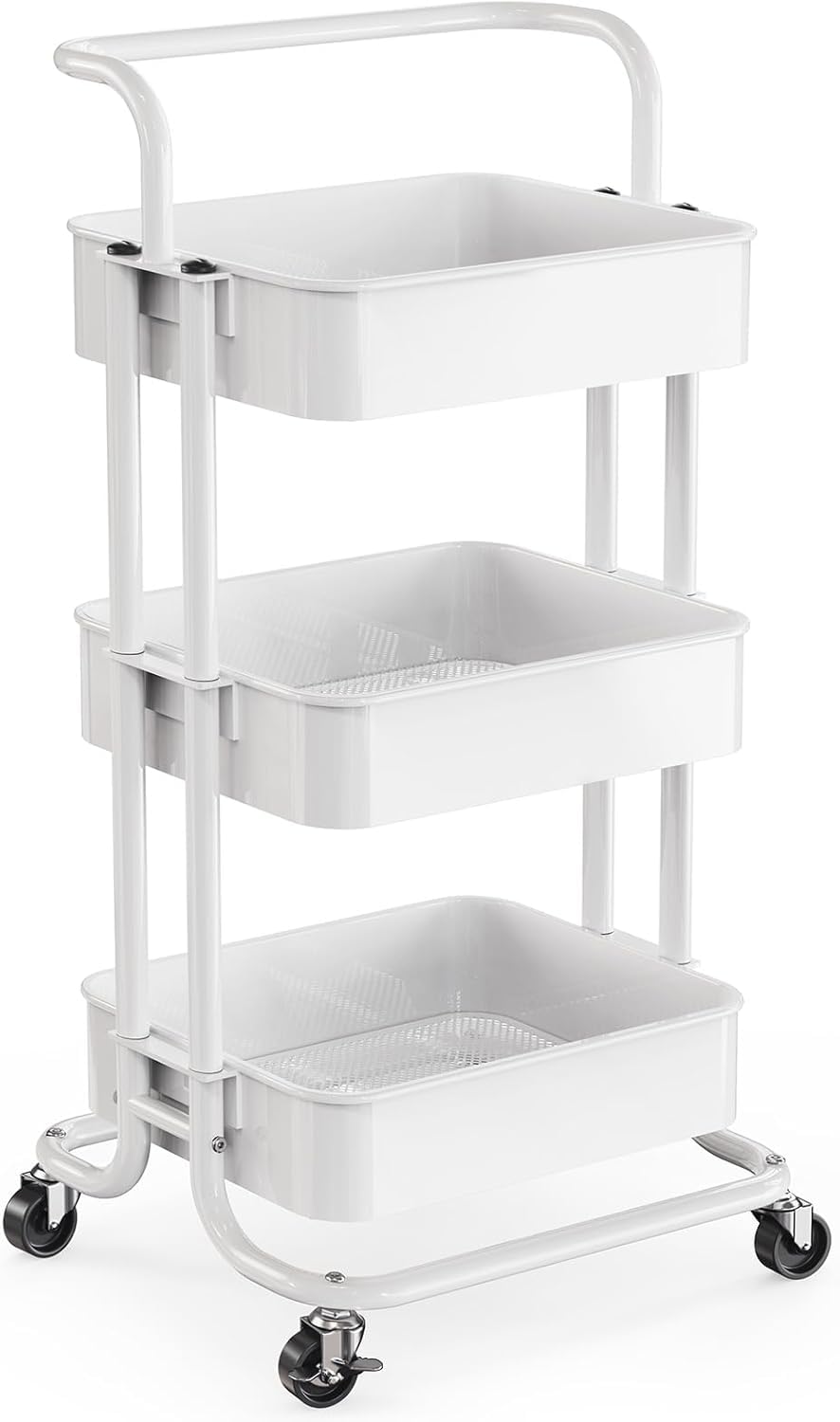 Pipishell 3 Tier Rolling Cart, Utility Cart with Wheels & Handle, White