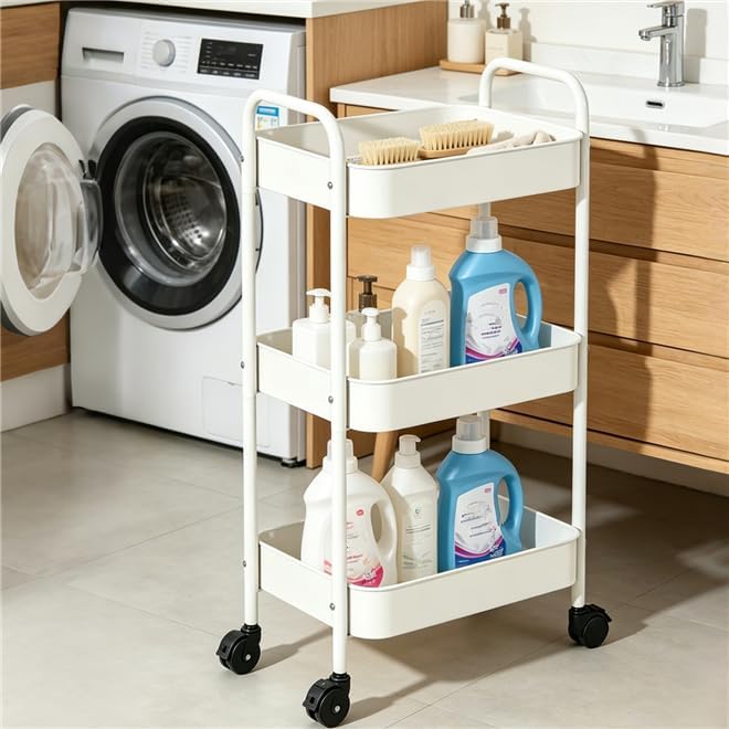 3-Tier Metal Rolling Utility Cart with Handle, Multi-Functional Storage Trolley for Office, Living Room, Kitchen, Movable Storage Organizer with Wheels, White
