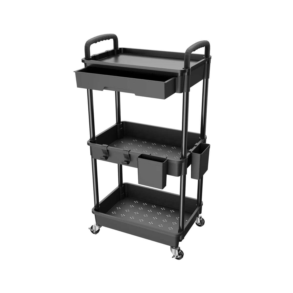 4 Tier Rolling Utility Cart with Drawer,REBECAT Utility Cart Made of Multifunctional Storage Organizer Tool for Kitchen,Bathroom,Living Room,Office(Black)