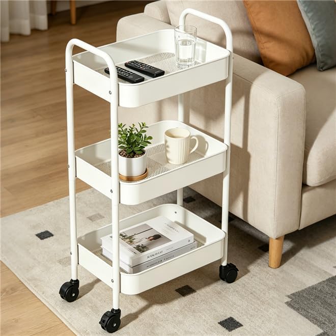 3-Tier Metal Rolling Utility Cart with Handle, Multi-Functional Storage Trolley for Office, Living Room, Kitchen, Movable Storage Organizer with Wheels, White