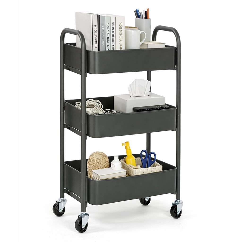 SunnyPoint 3-Tier Delicate Compact Rolling Metal Storage Organizer - Mobile Utility Cart Kitchen/Under Desk Cart with Caster Wheels (RED, 15.35" X 10.24" X 26.8"H)