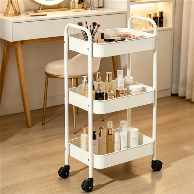 3-Tier Metal Rolling Utility Cart with Handle, Multi-Functional Storage Trolley for Office, Living Room, Kitchen, Movable Storage Organizer with Wheels, White