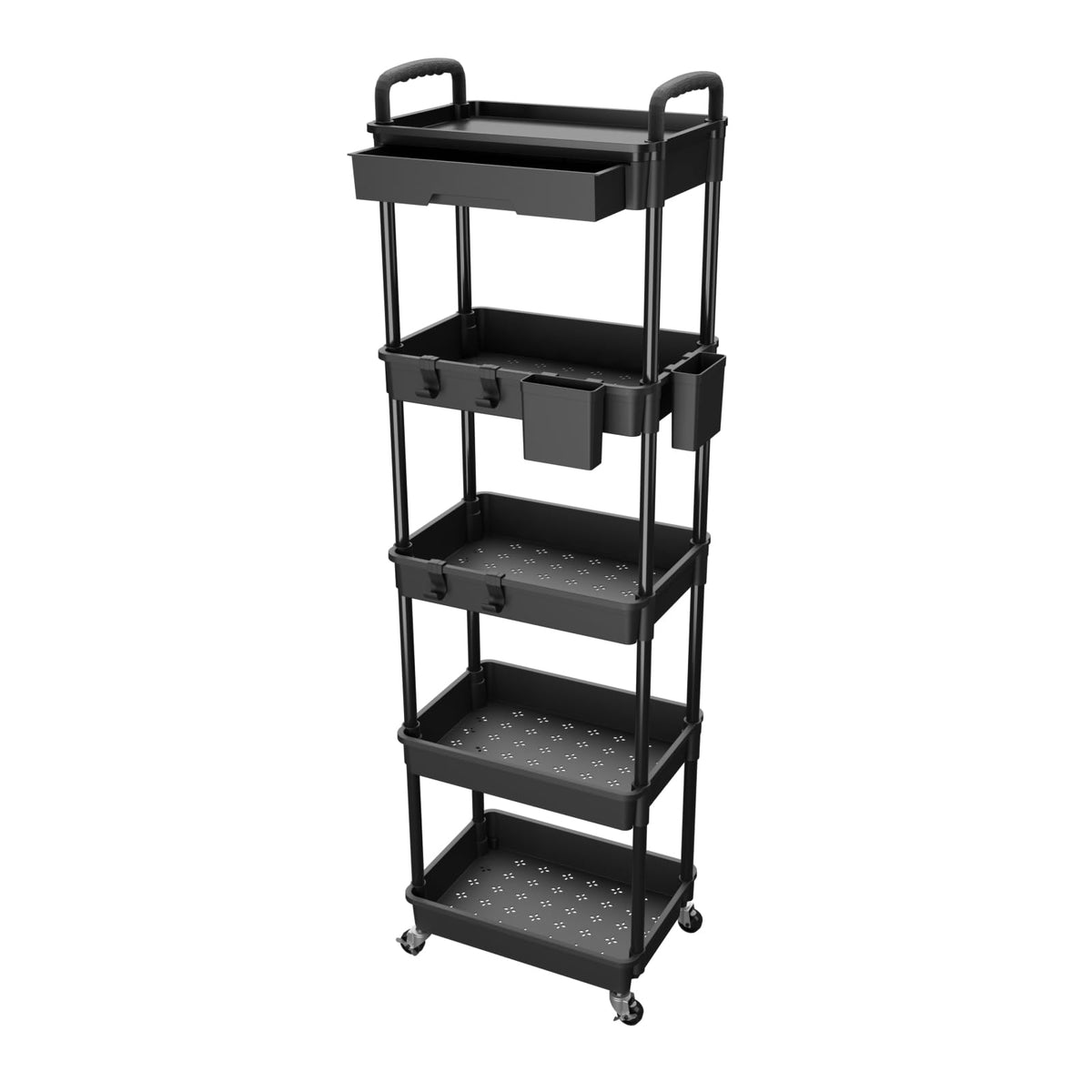 4 Tier Rolling Utility Cart with Drawer,REBECAT Utility Cart Made of Multifunctional Storage Organizer Tool for Kitchen,Bathroom,Living Room,Office(Black)