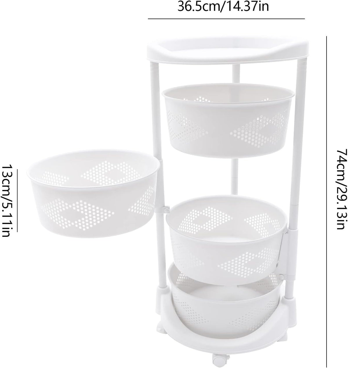 4-Tier Adjustable Kitchen Storage Rack,4 Layer Rotating Vegetable Organizer with Lockable Casters,Multi-Layers Rotatable Baskets for Kitchen Bathroom Living Room,White