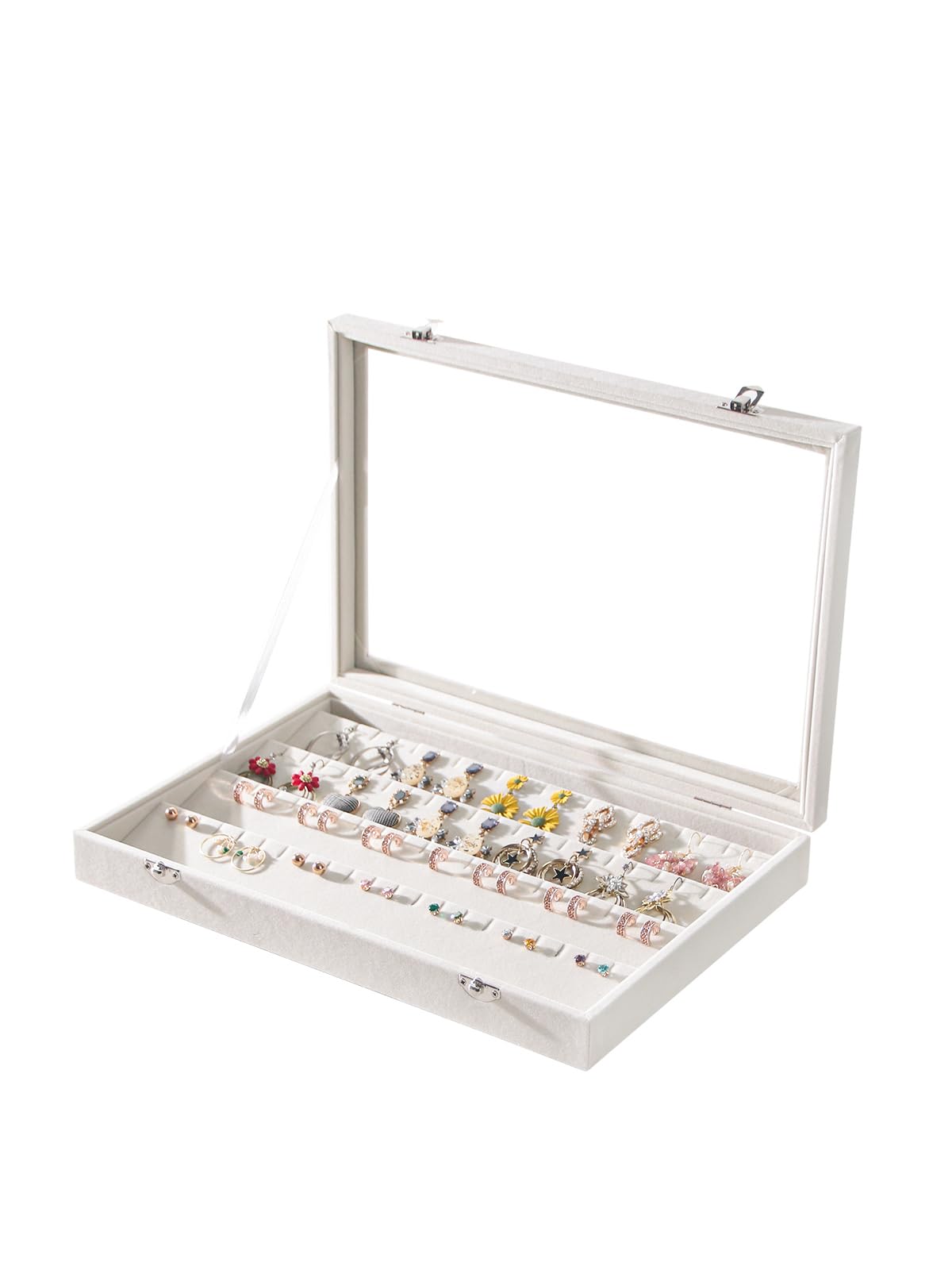 Coward Sunglass Organizer Tray Box, Beige Velvet Grids Eyeglasses Display Tray Case with Transparent Glass Lid for Home Use or Store Shop Selling Show
