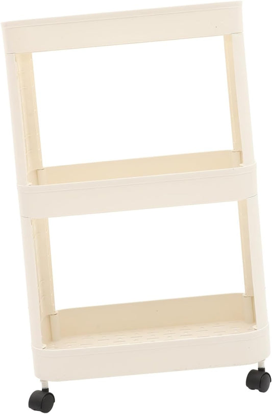 Beige Plastic Desk under Rolling Storage Cart for Home Office