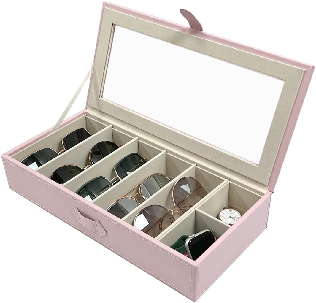 UnionPlus Sunglasses Case Organizer, Multiple Sunglasses Eyeglass Glasses Display Holder Collector, 5 Slots for Sunglasses Storage and 2 Small Slots for Accessories, Pink