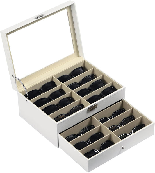 AUTOARK Leather 16 Piece Eyeglasses Storage Case Organizer,White,AW-151