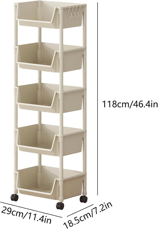 5-Tier Plastic Rolling Cart with Wheels, Multi Layer Storage Cart