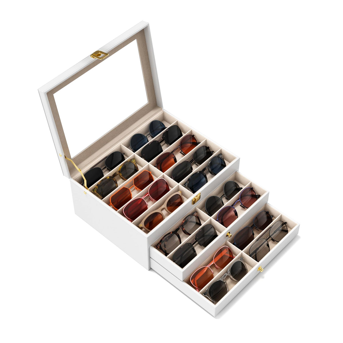 Sunglasses Organizer Storage Box - 10 Slots Eyeglass Display Case for Multiple Pair Glasses, Sunglass Holder with Clear Glass Lid, Jewelry and Watch Collection Box for Women and Men, Brown