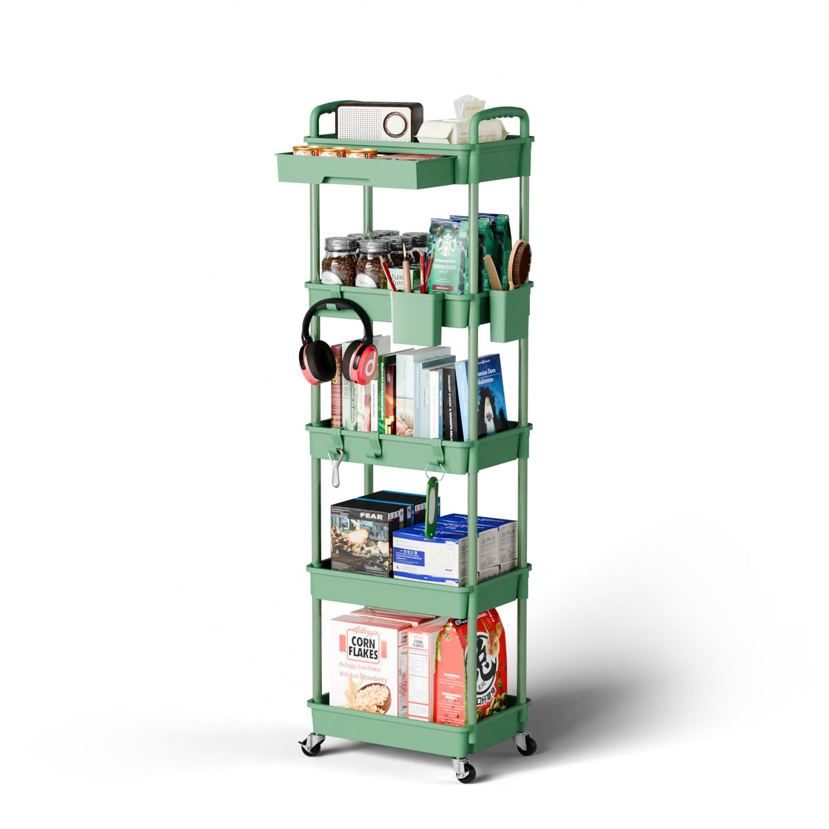 Sorgion 3 Tier Rolling Cart Organizer,Laundry Room Bathroom Organizers and Storage Office Shelves Mobile Shelving Unit Kitchen Trolley Cart with Wheels for Art,Craft,Diaper,Bedside,Snack(Green)