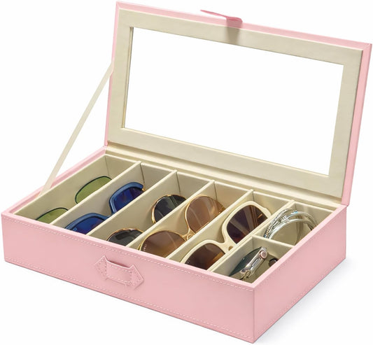UnionPlus Sunglasses Case Organizer, Multiple Sunglasses Eyeglass Glasses Display Holder Collector, 5 Slots for Sunglasses Storage and 2 Small Slots for Accessories, Pink