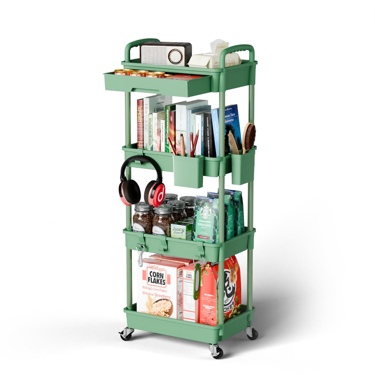 Sorgion 3 Tier Rolling Cart Organizer,Laundry Room Bathroom Organizers and Storage Office Shelves Mobile Shelving Unit Kitchen Trolley Cart with Wheels for Art,Craft,Diaper,Bedside,Snack(Green)