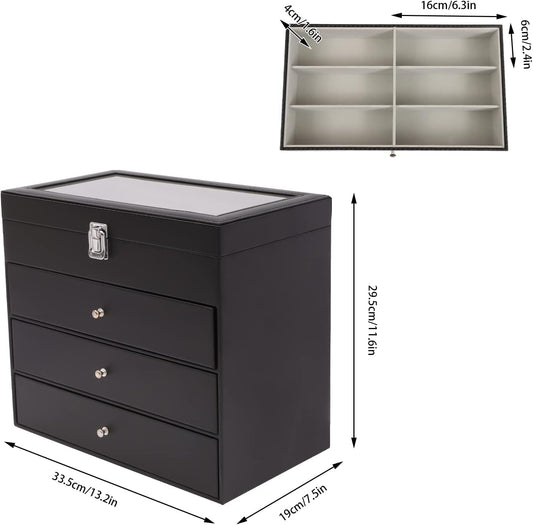 Ringmaster 4 Layer 27 Slots Eyeglasses Storage Box Sunglasses Glasses Dustproof Display Case,Carbon Fiber Eyeglass Holder,Glasses Organizer Case with Drawer Lockable