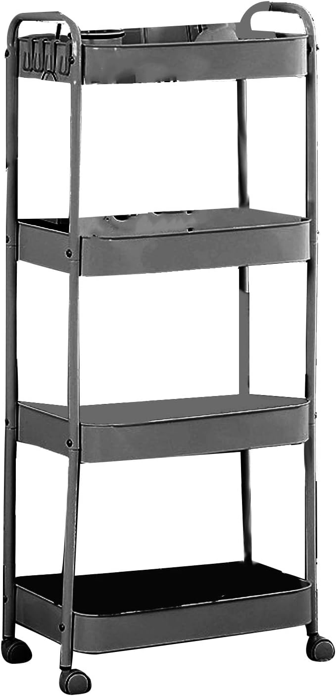 3 Tier Utility Rolling Cart, Movable Storage Organizer Trolley with Caster Wheels, Carbon Steel Multifunctional Shelving Cart for Kitchen Bathroom Bedroom (4 Layers)